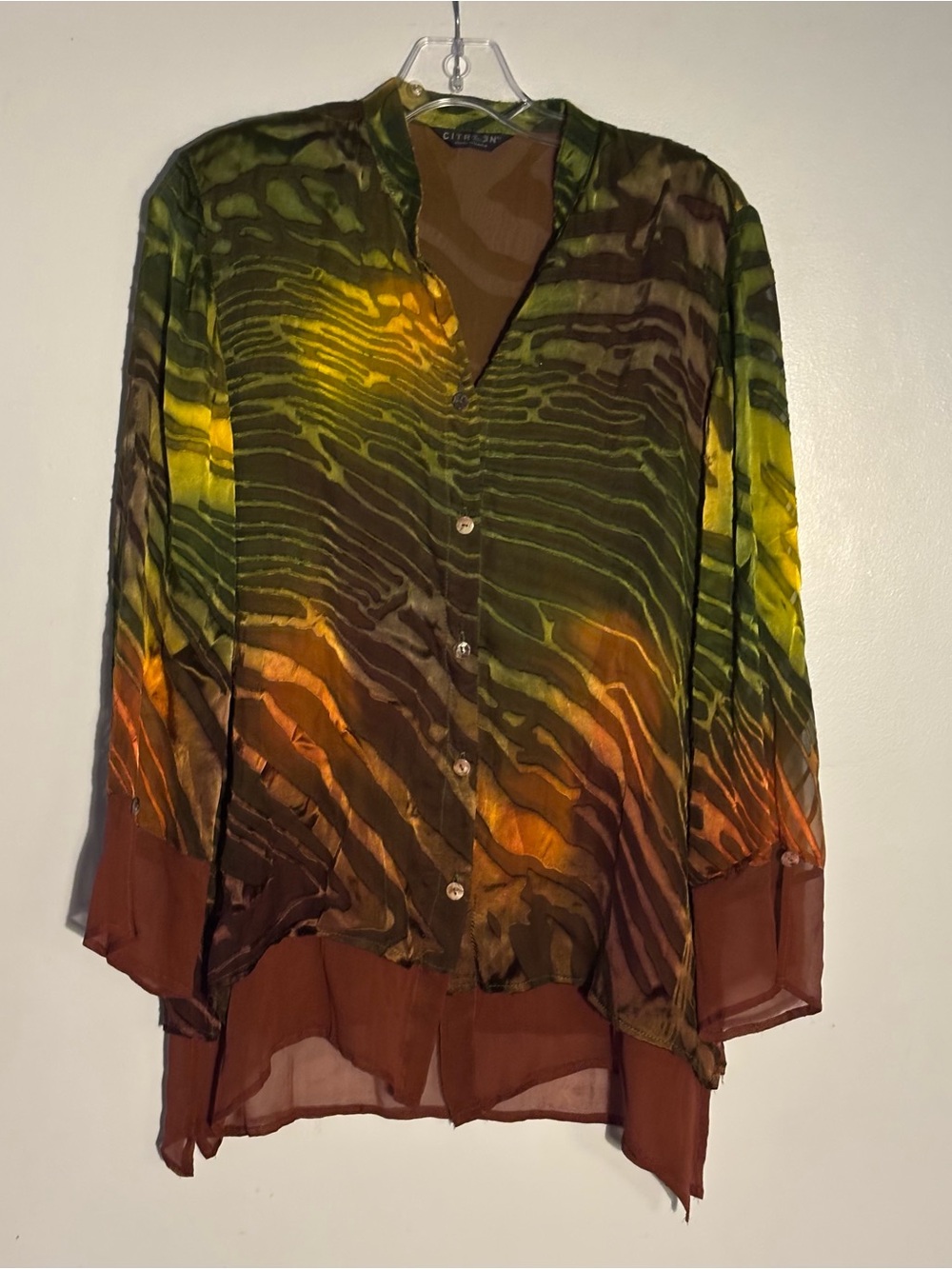 Citron Santa Monica Sheer Button-up Blouse in Green, Brown & Orange Size M